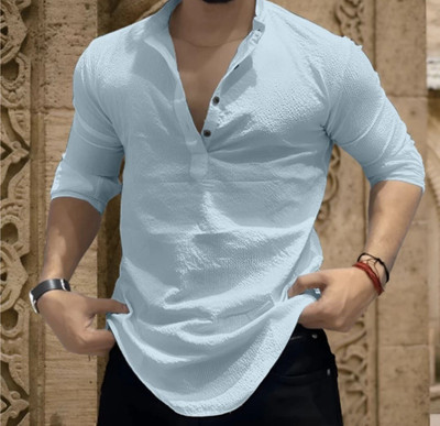 LEVIDE Men Self Design Casual Light Blue Shirt