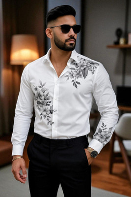 SHFASHION Men Printed Casual White Shirt