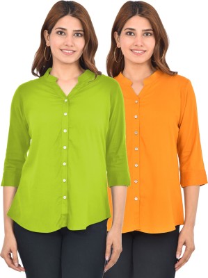 FABISHO Women Solid Casual Green, Orange Shirt(Pack of 2)
