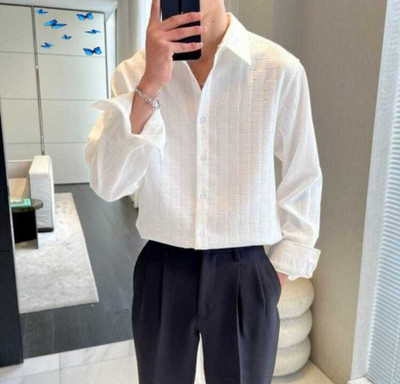 DUCCKCREATION Men Self Design Casual White Shirt