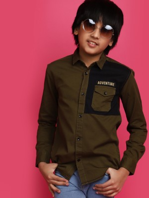 V-MART Boys Printed, Color Block Casual Black, Dark Green Shirt