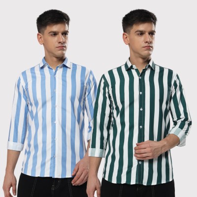 youth first Men Striped Casual Light Blue, Green Shirt(Pack of 2)