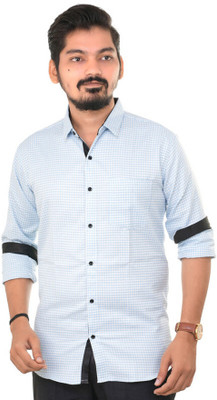 PUBHIZA Men Checkered Casual Light Blue Shirt