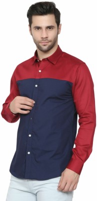 Life Roads Men Color Block Casual Maroon, Blue Shirt