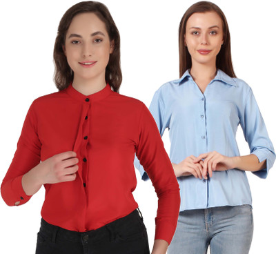 HEAVENS CREATIONS Women Solid Formal Light Blue, Red Shirt(Pack of 2)