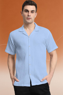 A DEEMOON TREND Men Self Design Casual Light Blue Shirt