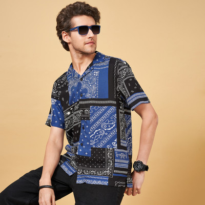PEOPLE Men Printed Casual Black, Dark Blue, White Shirt