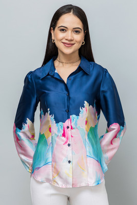 PURYS Women Printed Casual Dark Blue, Pink Shirt