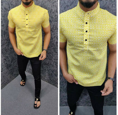 Suel Fab Men Self Design Casual Yellow, White Shirt