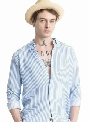 PRIYAECH Men Striped Casual Light Blue, White Shirt