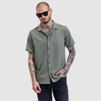 Snitch Men Self Design Casual Green Shirt