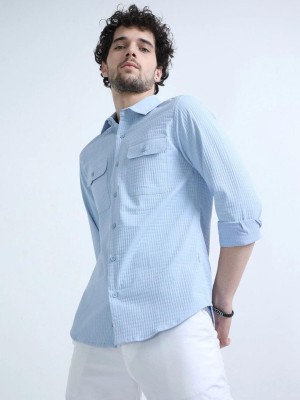 CLASI Q Men Self Design Casual Light Blue Shirt
