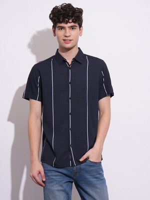 BEING HUMAN Men Striped Casual Black Shirt