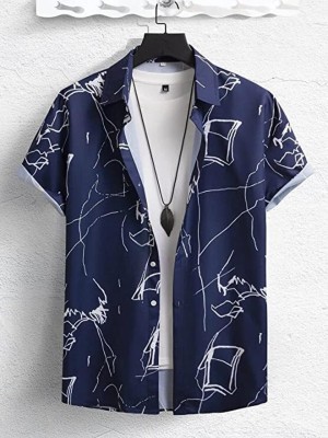 ANIRAV Men Printed Casual White, Dark Blue Shirt