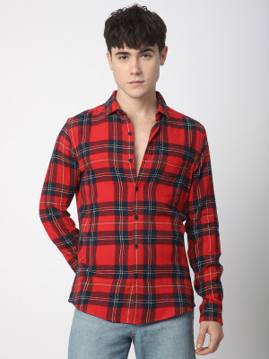 VASTRADO Men Checkered Casual Red Shirt
