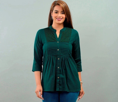 IQRAAR Women Self Design Casual Green Shirt