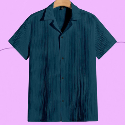 Looksky Men Self Design Casual Blue Shirt