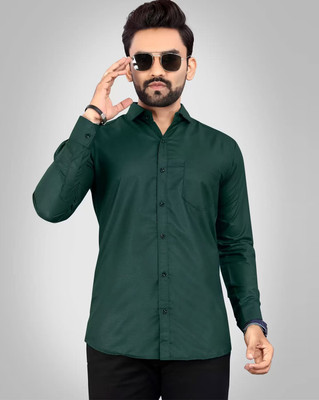 MUMIN Men Solid Formal Dark Green Shirt