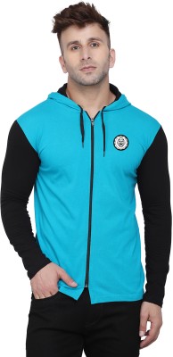 Blisstone Solid Men Hooded Neck Black, Light Blue T-Shirt