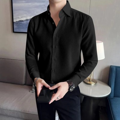 Black Deer Men Self Design Casual Black Shirt