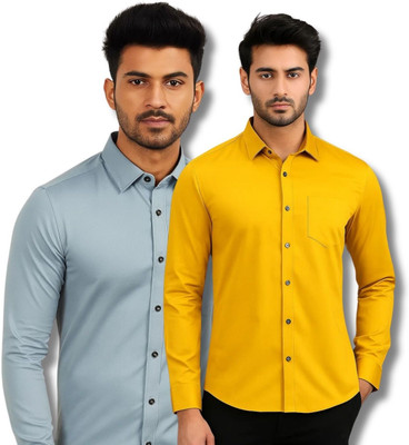 VIMASUTI Men Solid Casual Grey, Yellow Shirt(Pack of 2)