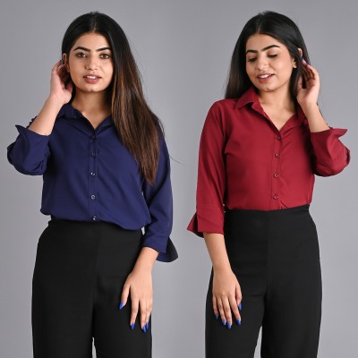 LA ROPA Women Solid Casual Maroon, Blue Shirt(Pack of 2)