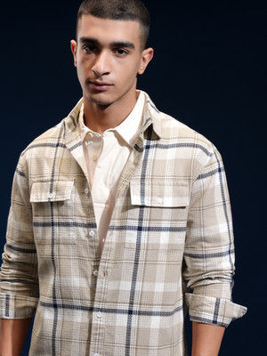 HIGHLANDER Men Checkered Casual Beige Shirt