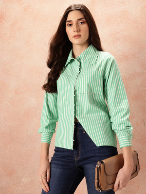 all about you Women Striped Casual White Shirt