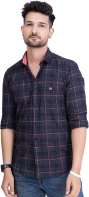 Triple A Men Checkered Casual Dark Blue, Black, Orange Shirt