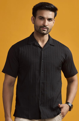 STONEBERG Men Self Design Casual Black Shirt