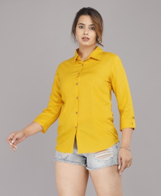 Demirner Women Solid Casual Yellow Shirt