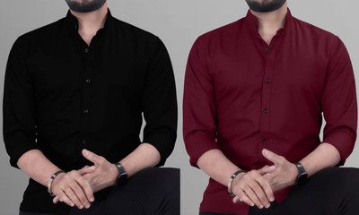 ANAND Men Solid Casual Black, Maroon Shirt(Pack of 2)