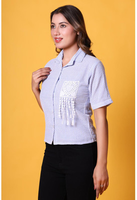 ELIXORIA Women Self Design Casual Blue, White Shirt