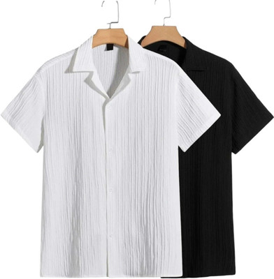 METRONAUT Men Self Design Casual Black, White Shirt(Pack of 2)