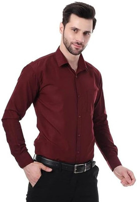 XJARVIS Men Solid Formal Maroon Shirt