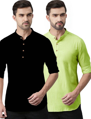 Navkanj Men Solid Asymmetric Kurta(Light Green)