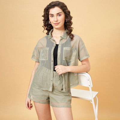 PEOPLE Women Solid Casual Light Green Shirt