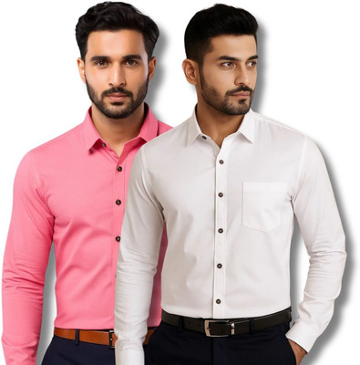 VIMASUTI Men Solid Casual Pink, White Shirt(Pack of 2)