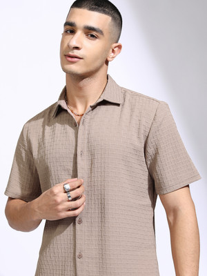 HIGHLANDER Men Self Design Casual Beige Shirt