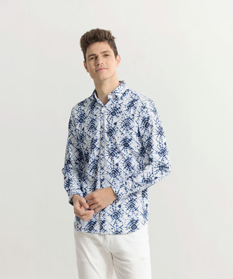 Snitch Men Printed Casual Dark Blue, White Shirt