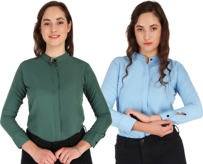 Giggles Women Solid Formal Blue, Green Shirt(Pack of 2)