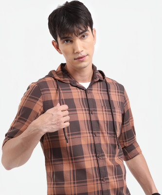HIGHLANDER Men Checkered Casual Brown Shirt