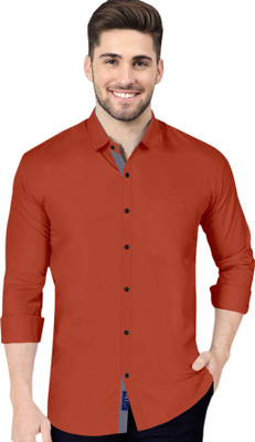 P & V Creations Men Solid Casual Orange Shirt