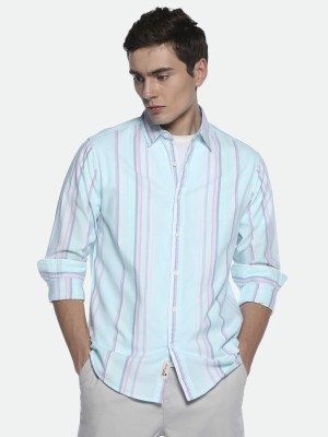 Dennis Lingo Men Striped Casual Blue Shirt