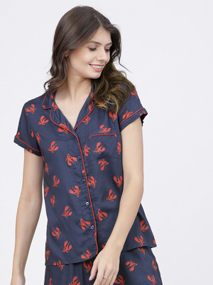 Tokyo Talkies Women Printed Casual Dark Blue Shirt