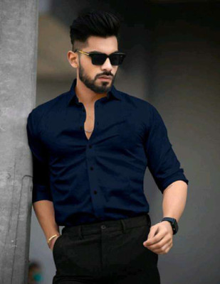 SOUNDRYAFABRIC Men Solid Casual Dark Blue Shirt