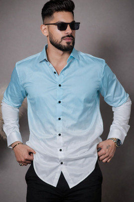 SH TREND Men Dyed/Ombre Party White, Blue Shirt