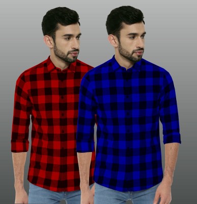 REHAN Men Checkered Casual Red, Blue Shirt(Pack of 2)