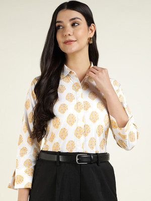 Hancock Women Printed Formal White, Gold Shirt