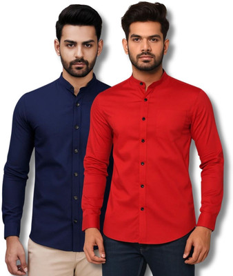 GOD HEART Men Solid Casual Dark Blue, Red Shirt(Pack of 2)